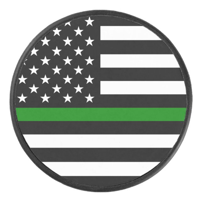 Thin Green Line Flag: Patriotic Military Veterans Hockey Puck (Front)