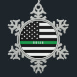 Thin Green Line Military Monogrammed Name Snowflake Pewter Christmas Ornament<br><div class="desc">Add a personalised touch to your Christmas tree with a monogrammed ornament from our shop. This design features a black and white thin green line American flag with a sample name for you to personalise. Perfect for Christmas gifts to your family and friends that are in the military, park rangers,...</div>