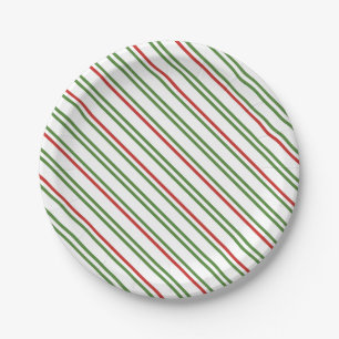 Thin red and green diagonal stripes Christmas Pape Paper Plate