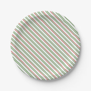 Thin red and green diagonal stripes Christmas Paper Plate