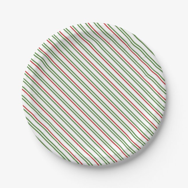 Thin red and green diagonal stripes Christmas Paper Plate (Front)