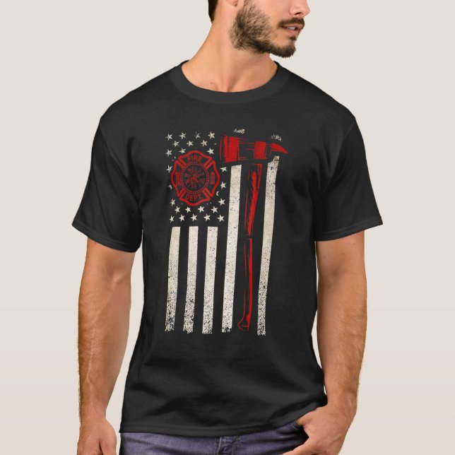 Thin Red Ax American Flag Patriot Firefighter T-Shirt (Front)
