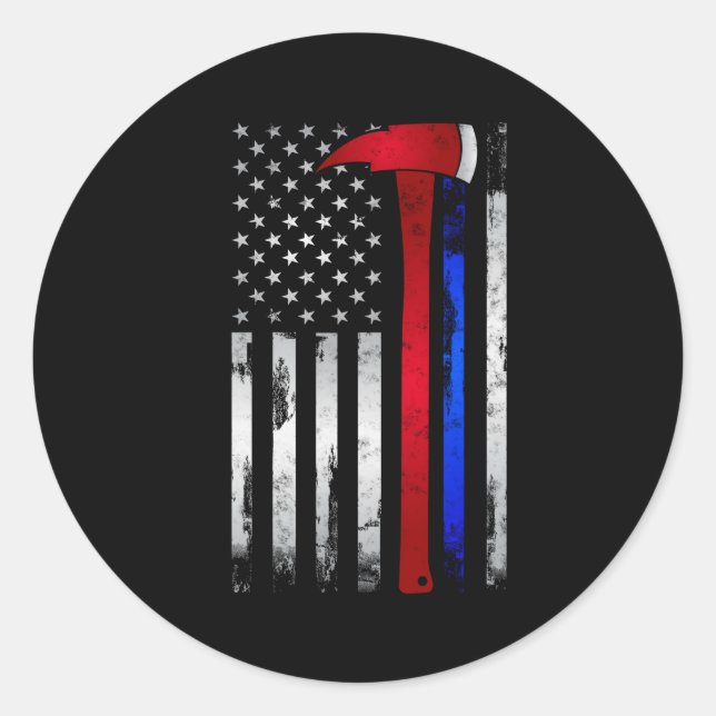 Thin Red Blue Line American Flag Axe Firefighter P Classic Round Sticker (Front)