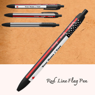 Thin Red Line, American Flag, Fireman Personalised Black Ink Pen