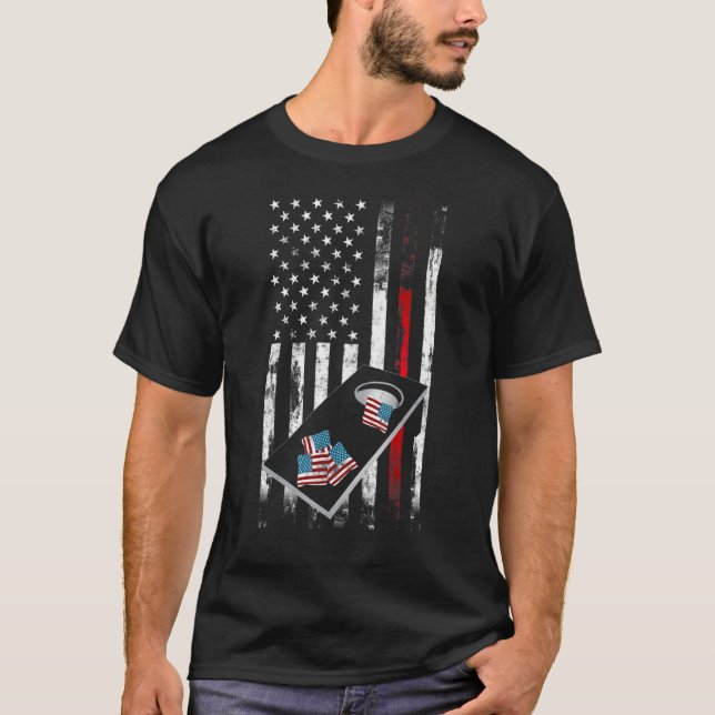 Thin Red Line Cornhole Board Usa American Flag T-Shirt (Front)