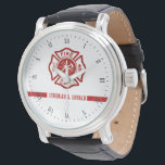 Thin Red Line Custom Name Firefighter Themed Watch<br><div class="desc">You are part of the legion of fire rescue. Celebrate this with this custom watch that puts yours or your gift recipient's name in red along the continuous thin red line along the lower centre of the watch. Closer towards the centre, the classic firefighter symbol of the White and red...</div>