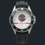 Thin Red Line Custom Name Stripe Firefighter Theme Watch<br><div class="desc">You are part of the legion of fire rescue. Celebrate this with this custom watch that puts yours or your gift recipient's name in red along the continuous thin red line along the lower centre of the watch. Closer towards the centre, the classic firefighter symbol of the Maltese Cross. A...</div>