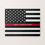 Thin Red Line Firefighter American Flag Monogram Jigsaw Puzzle<br><div class="desc">This fun puzzle features a black and white firefighter thin red line American flag design with stars and stripes on a black background and a name for you to personalise. Makes a unique gift.</div>