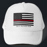 Thin Red Line Firefighter American Flag Monogram Trucker Hat<br><div class="desc">This hat features a black and white firefighter thin red line American flag design with stars and stripes on a black background and a name for you to personalise..</div>