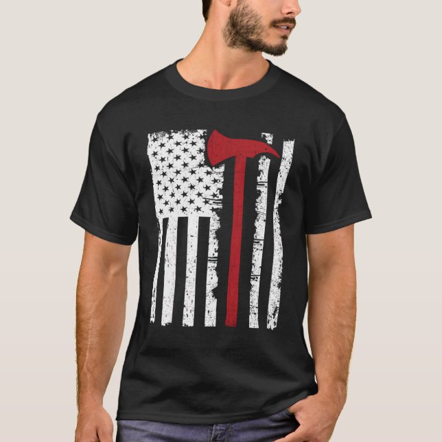 Thin Red Line Firefighter Axe American Flag T-Shir T-Shirt (Front)