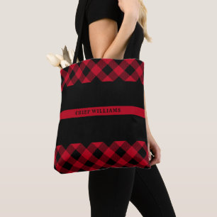 Thin Red Line Firefighter Buffalo Plaid Monogram Tote Bag