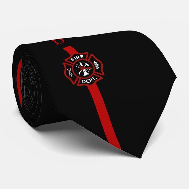 Thin Red Line Firefighter Custom Initials Black Tie (Rolled)