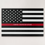 Thin Red Line Firefighter Flag Monogram Jigsaw Puzzle<br><div class="desc">This fun puzzle features a black and white firefighter thin red line American flag design with stars and stripes on a black background and a name for you to personalise. Makes a great gift.</div>