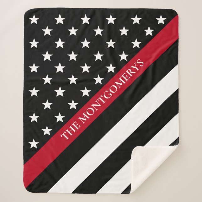 Thin Red Line Firefighter Flag Monogram Name Sherpa Blanket (Front)