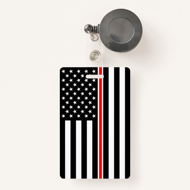 Thin Red Line Flag: Firefighter Hero Memorial ID Badge (Front with Retractable)