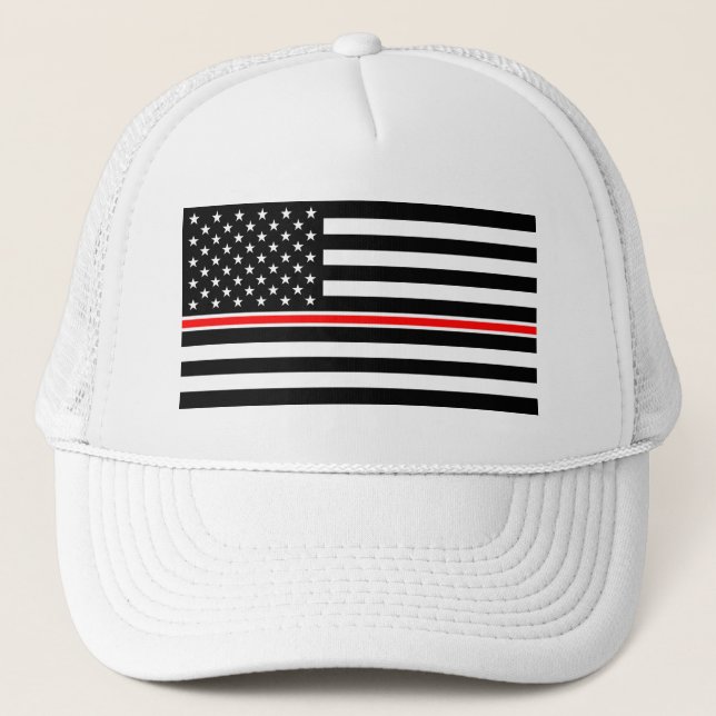 Thin Red Line Flag: Firefighter Hero Memorial Trucker Hat (Front)