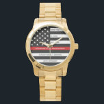 Thin Red Line Personalised Firefighter Retirement Watch<br><div class="desc">Celebrate and show your appreciation to an outstanding Firefighter with this Thin Red Line Retirement or Anniversary Firefighter Watch - American flag design in Firefighter Flag colours in a modern black an red design . Perfect for fire service awards and Firefighter Retirement gifts and fireman retirement. Personalise this firefighters retirement...</div>