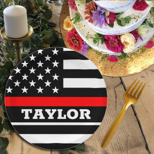 Thin Red Line plate, USA personalized Fireman flag Paper Plate