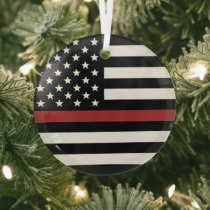 Thin Red Line USA Flag Firefighter Fire Department Glass Tree Decoration