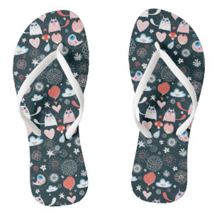 Thin Strap Flip Flops Cartoon Cat Clouds and Heart