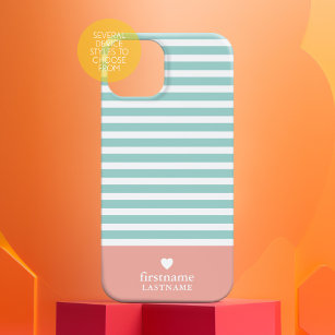 Thin Stripes Upscale Heart Monogram - teal peach iPhone 15 Case