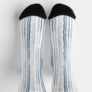 Thin Watercolor Stripes, Slate Blue, Gray on White Socks