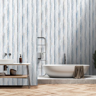 Thin Watercolor Stripes, Slate Blue, Gray on White Wallpaper