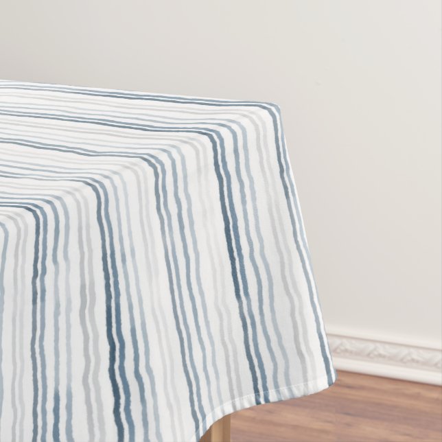 Thin Watercolor Stripes, Slate Blue, Gray, White Tablecloth (In Situ)