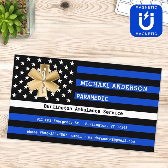 Thin White Line Flag Custom Paramedic EMS Logo Magnetic Business Card (Creator Uploaded)