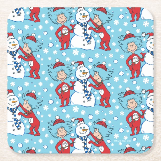 Thing One Thing Two Snowman Pattern Square Paper Coaster (Front)