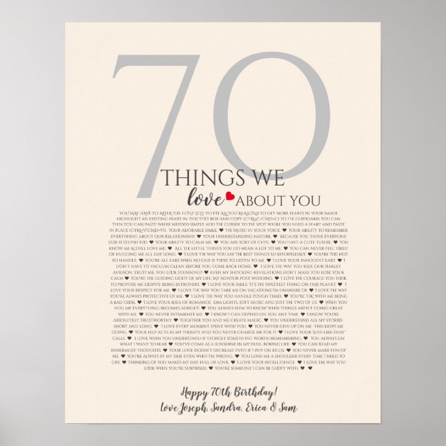 Things We Love About You 70 Poster | Personalised  (Front)