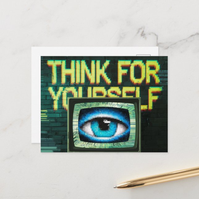 Think For Yourself Retro TV Eyeball Glitch Postcard (Front/Back In Situ)