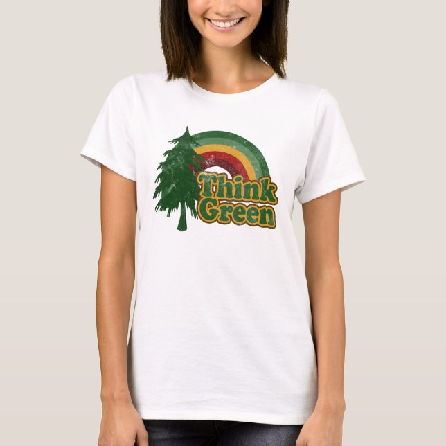 Think Green, Retro Rainbow and Tree T-Shirt (Front)
