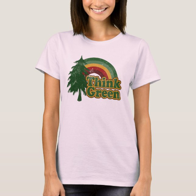 Think Green Retro Rainbow Earth Day T-Shirt (Front)