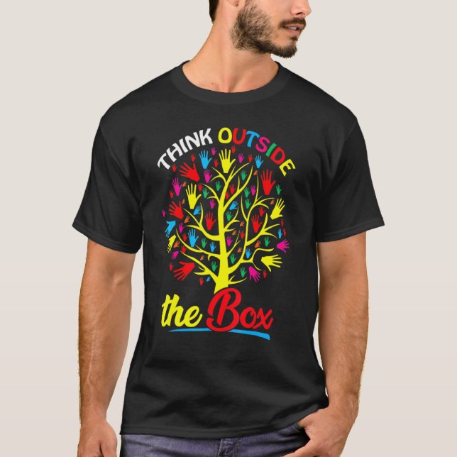 Think Outside The Box Tree Hand Puzzle Autism Awar T-Shirt (Front)