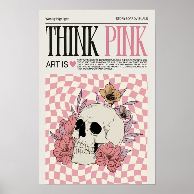 Think Pink Wall Art Trendy Poster, Skull Poster (Front)