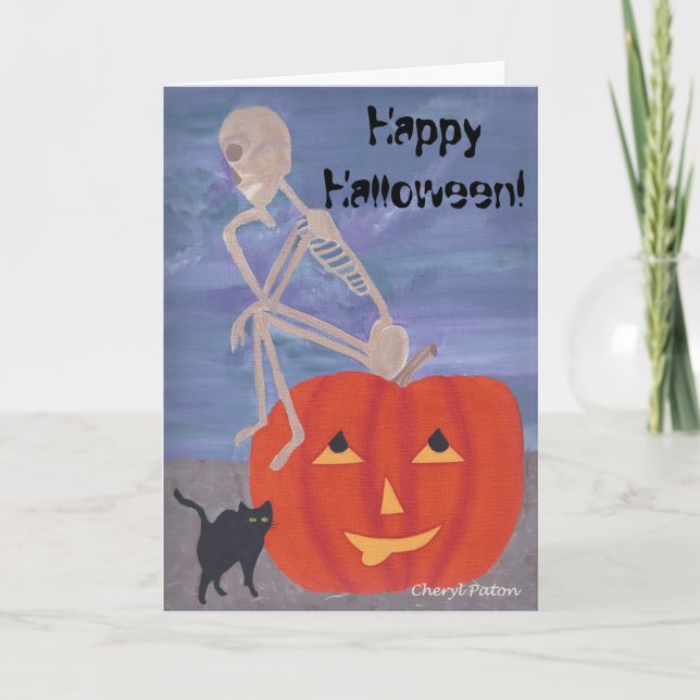 Thinker Skeleton on Pumpkin Halloween Cards (Front)