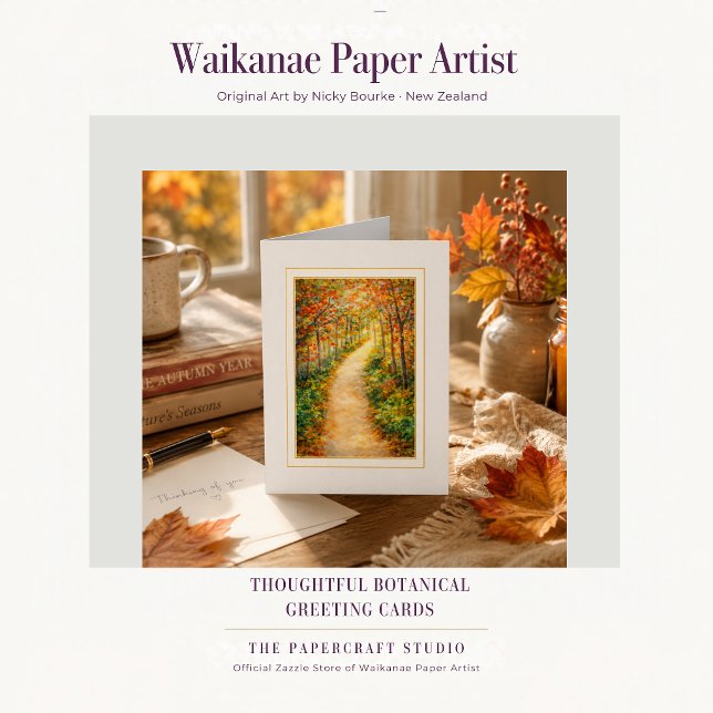 Thinking of You Autumn Forest Path (Elegant botanical pathway card with autumn colour and original art by Nicky Bourke, New Zealand.)