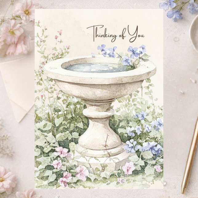 Thinking of You Birdbath Garden Custom Watercolor Card (Creator Uploaded)