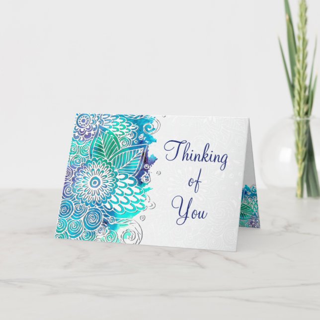 Thinking Of You Blue and Teal Floral Mandala Card (Front)