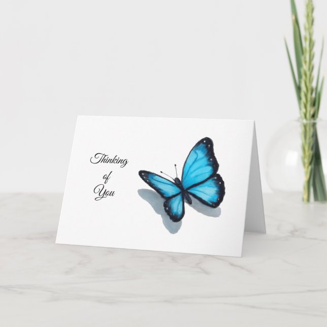Thinking of You, Blue Butterfly, Colour Pencil Art Card (Front)