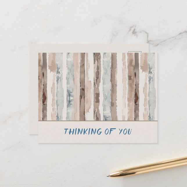 Thinking of You Blue Cream Brown Stripes Postcard (Front/Back In Situ)