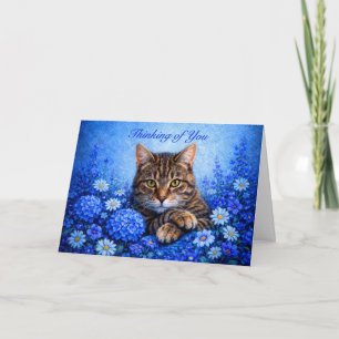 Thinking of You Blue Floral Tabby Cat Card