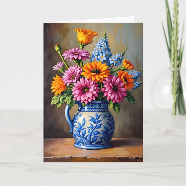 Thinking of You Blue White Pitcher Bright Flowers Card (Front)