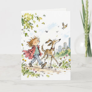 Thinking of You Boy and Dog In City Park Card