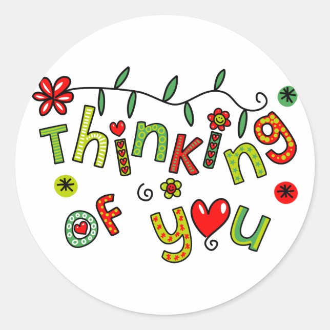 Thinking of You Cartoon Doodle Text Classic Round Sticker (Front)