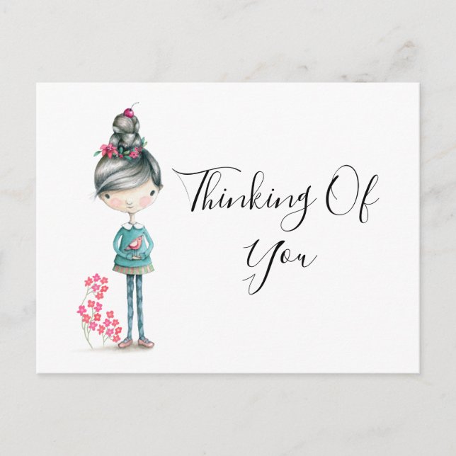 "Thinking of You" Cute Boho Girl With Bird Postcard (Front)