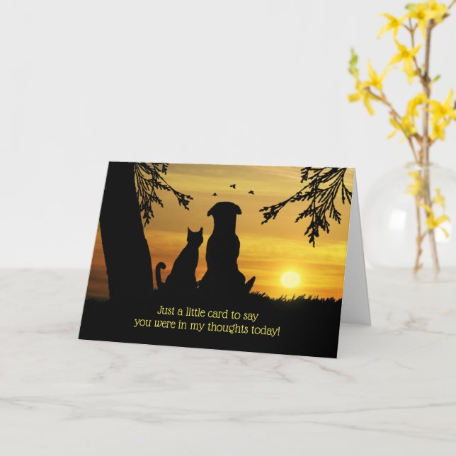 Thinking of You Cute Cat and Dog Sunset Card (Yellow Flower)
