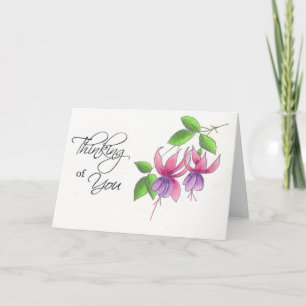 Thinking of you fushia flowers in watercolor penci card