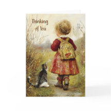 Thinking of You Girl with Cat Autumn Walk Vintage 